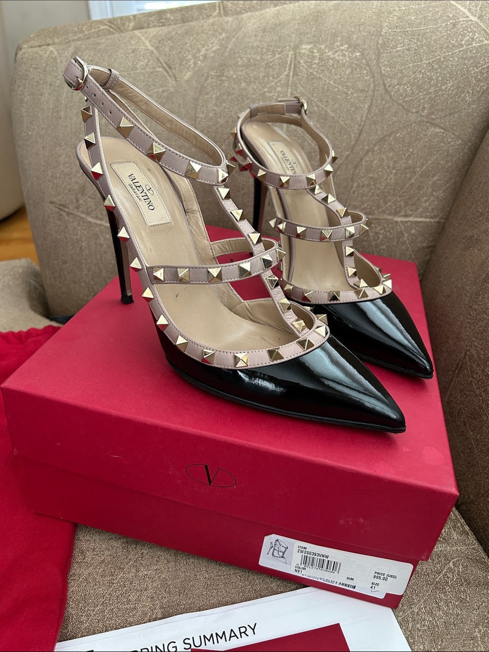 Valentino Black Patent Rockstud Strappy Pointed-Toe Heels with Nude Trim